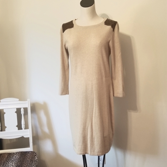 🍂Cremieux Tan Knit Dress w/ Faux Leather Shoulders - Picture 1 of 5